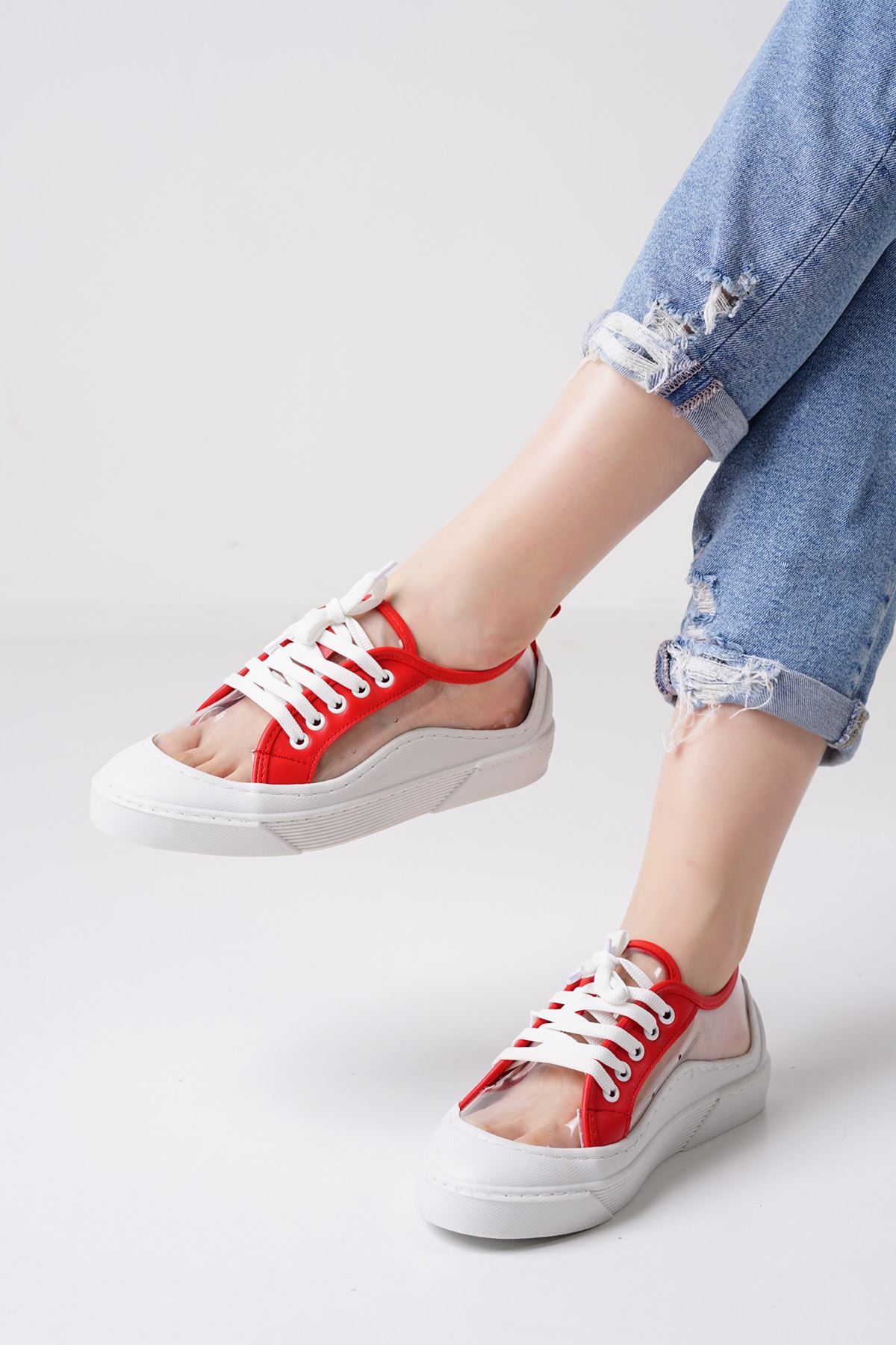 Flufy Beyaz Kırmızı Şeffaf Kadın Spor Ayakkabı