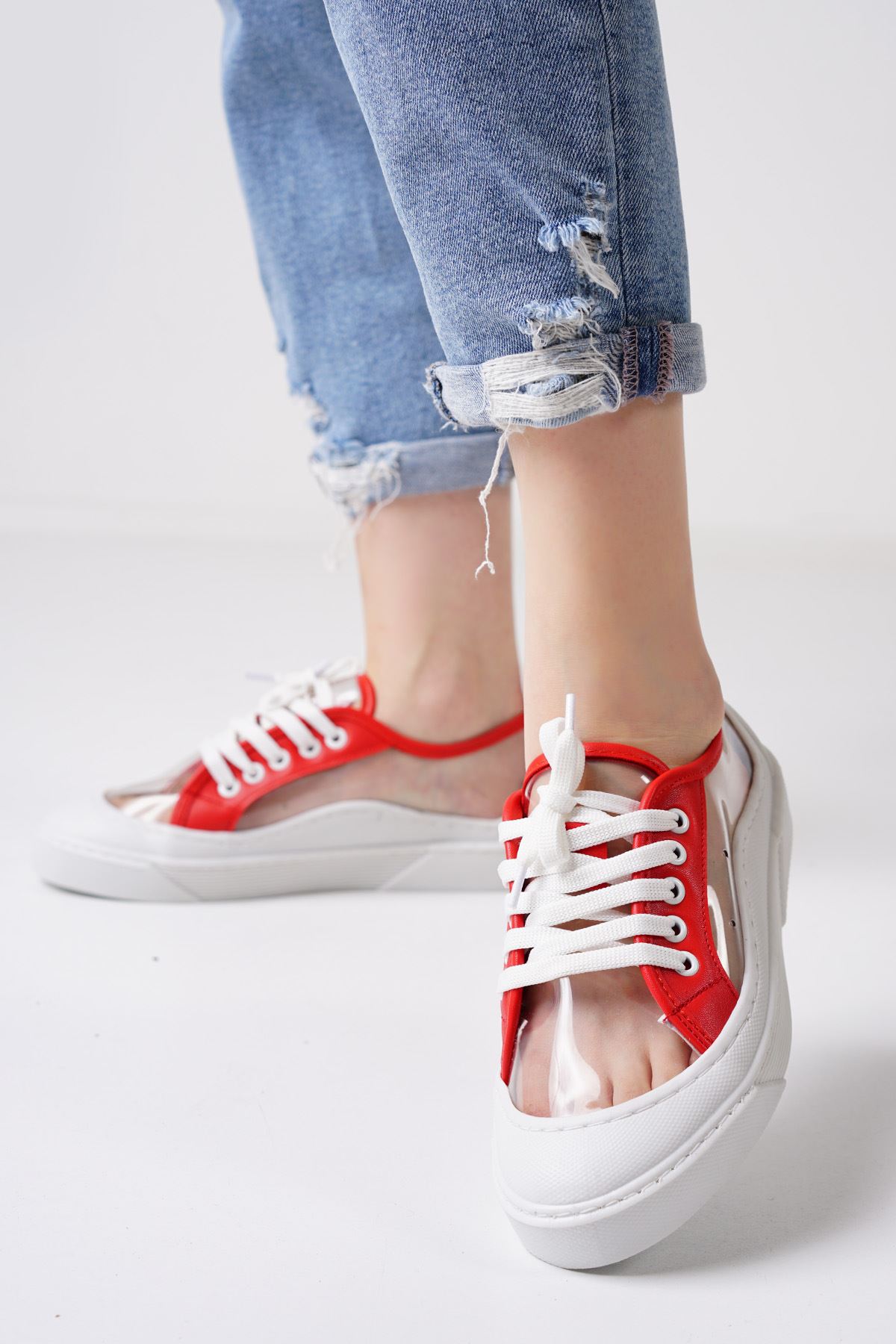 Flufy Beyaz Kırmızı Şeffaf Kadın Spor Ayakkabı