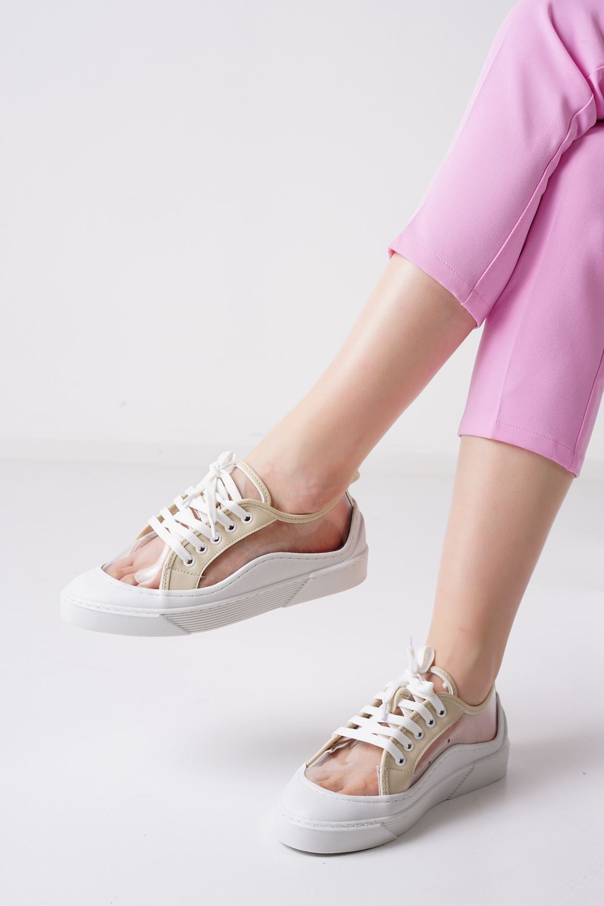 Flufy Beyaz Bej Şeffaf Kadın Spor Ayakkabı