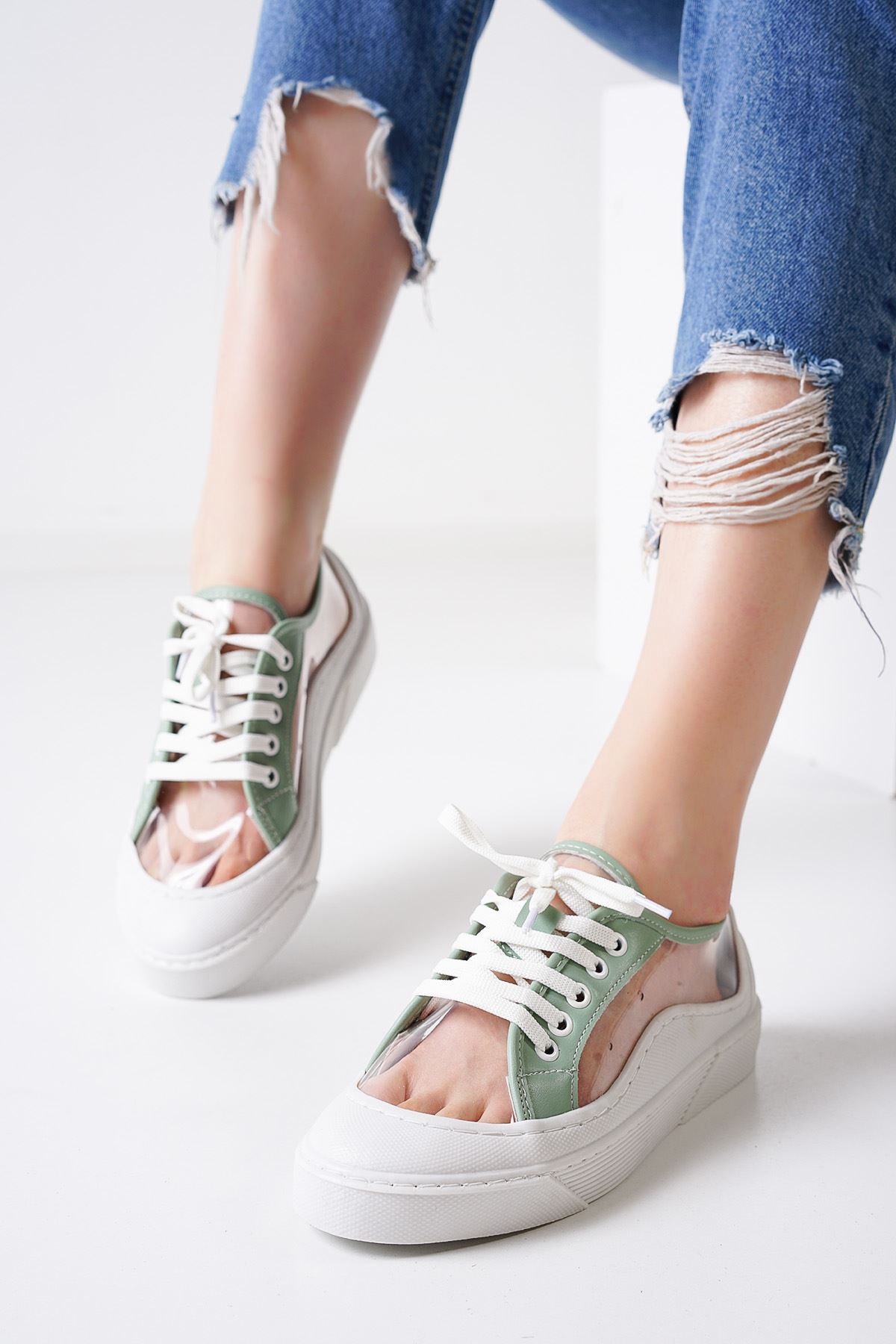 Flufy Beyaz Yeşil Şeffaf Kadın Spor Ayakkabı
