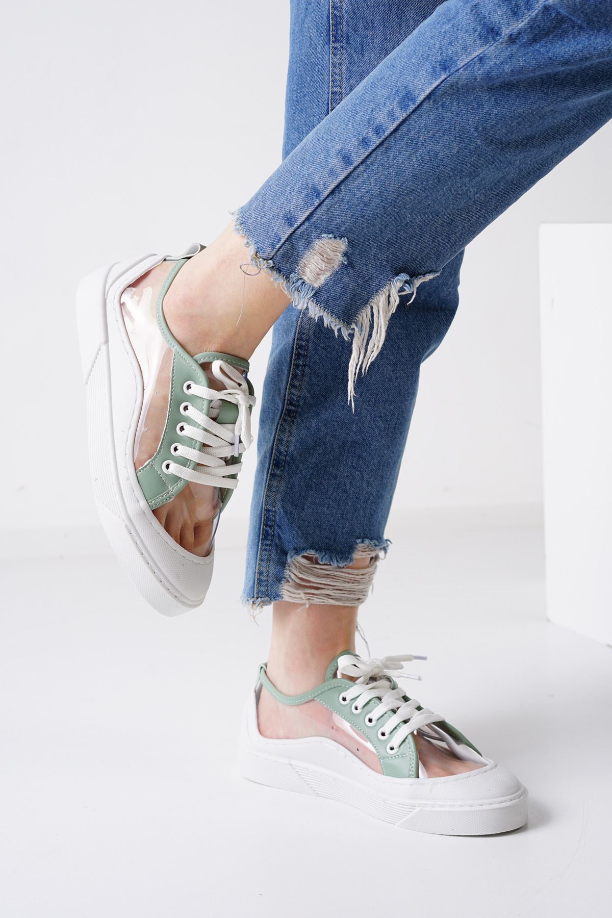Flufy Beyaz Yeşil Şeffaf Kadın Spor Ayakkabı