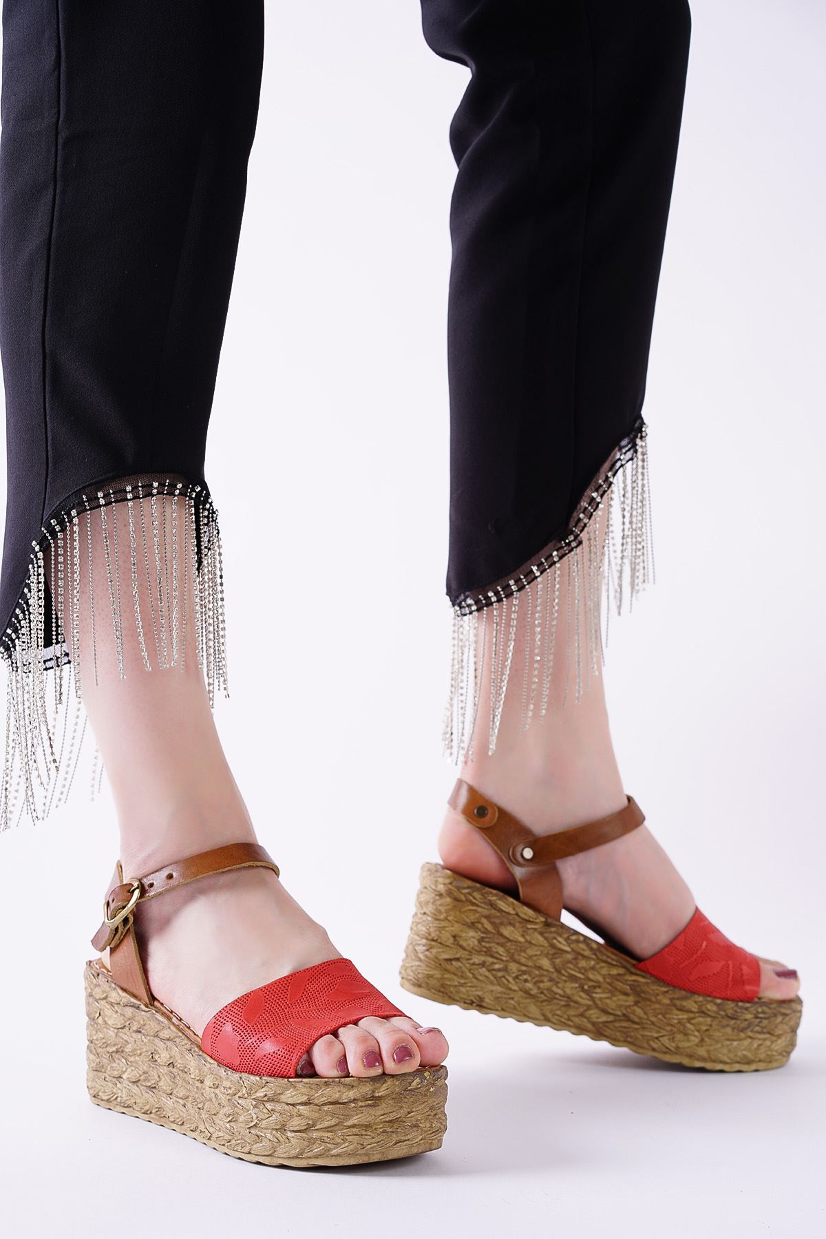 Megan Kırmızı Taba Hakiki Deri Dolgu Topuklu Kadın Ayakkabı