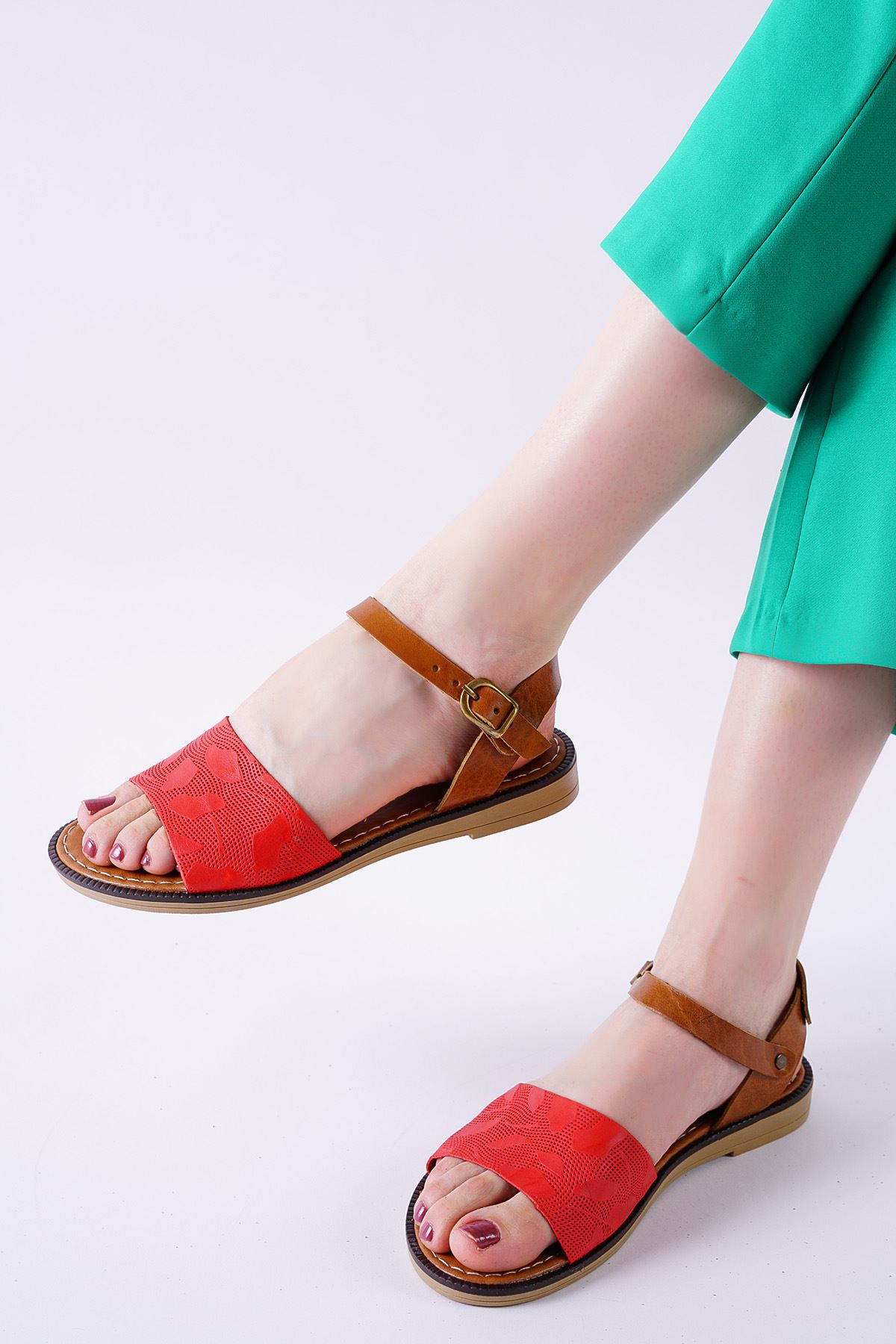 Cardi Kırmızı Taba Hakiki Deri Kadın Sandalet