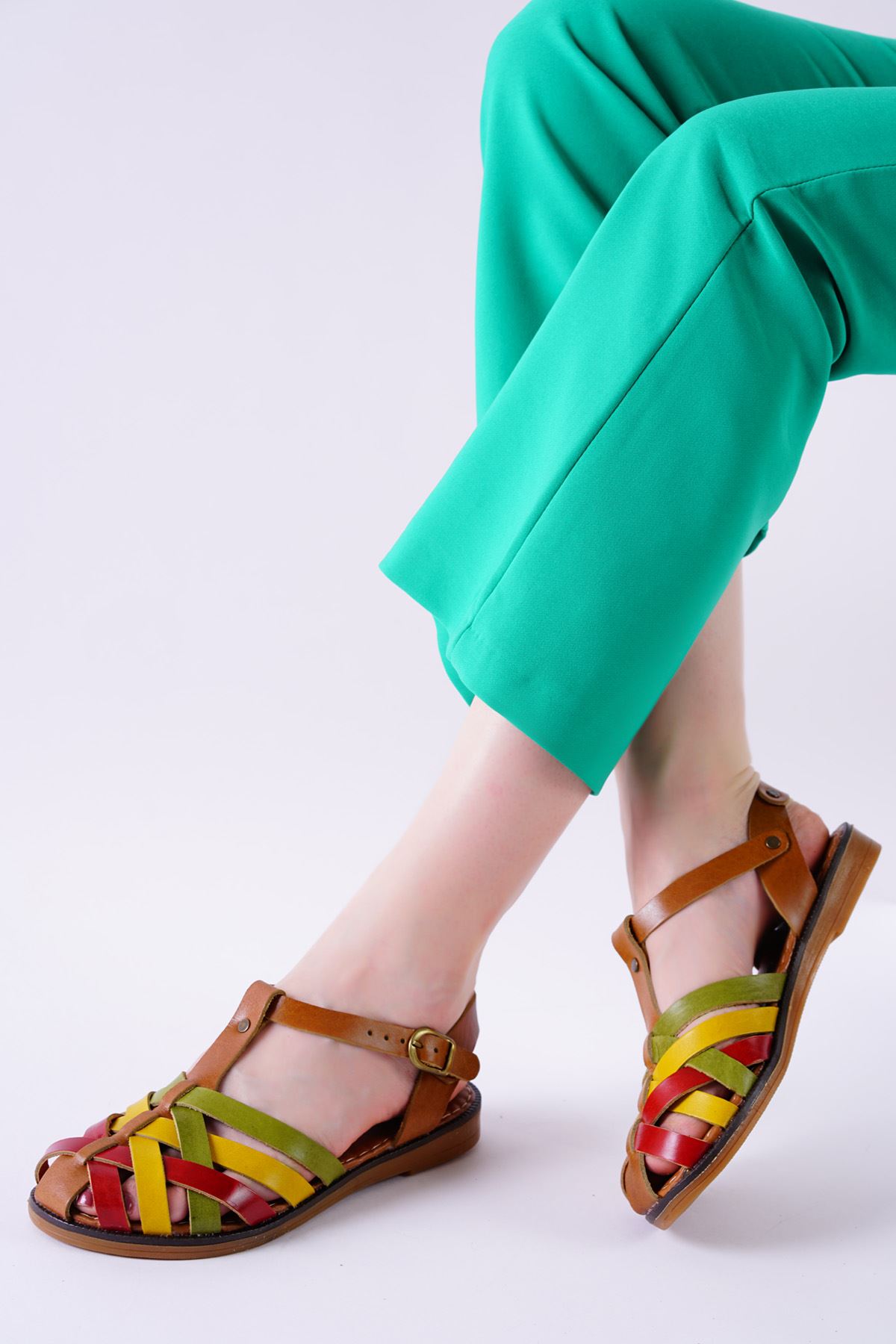 Filomena Renkli Hakiki Deri Kadın Sandalet