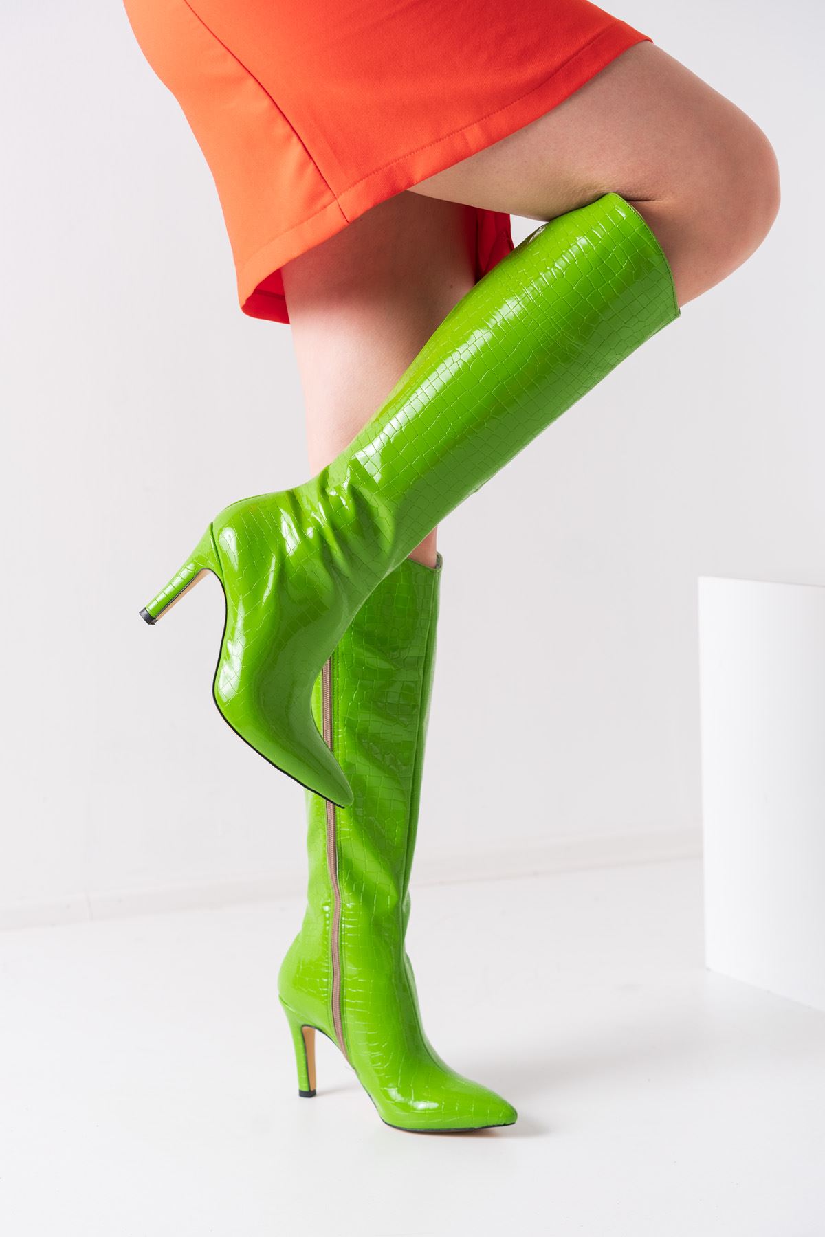 Jisell Yeşil Kroko Yüksek Topuklu Kadın Çizme