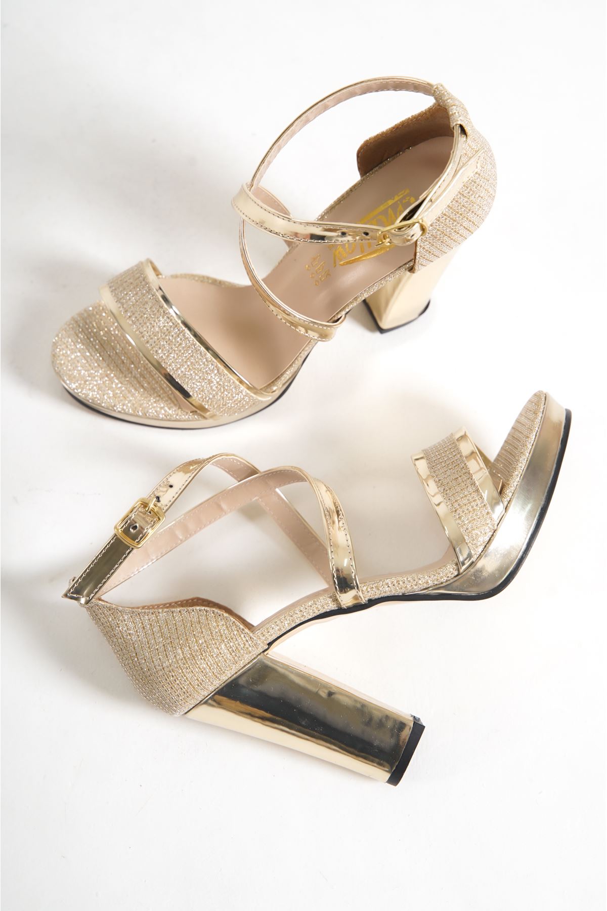 Sage Gold Taşlı Platform Topuklu Kadın Ayakkabı