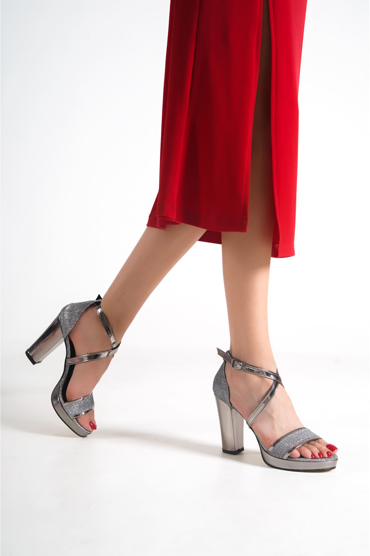 Sage Platin Taşlı Platform Topuklu Kadın Ayakkabı