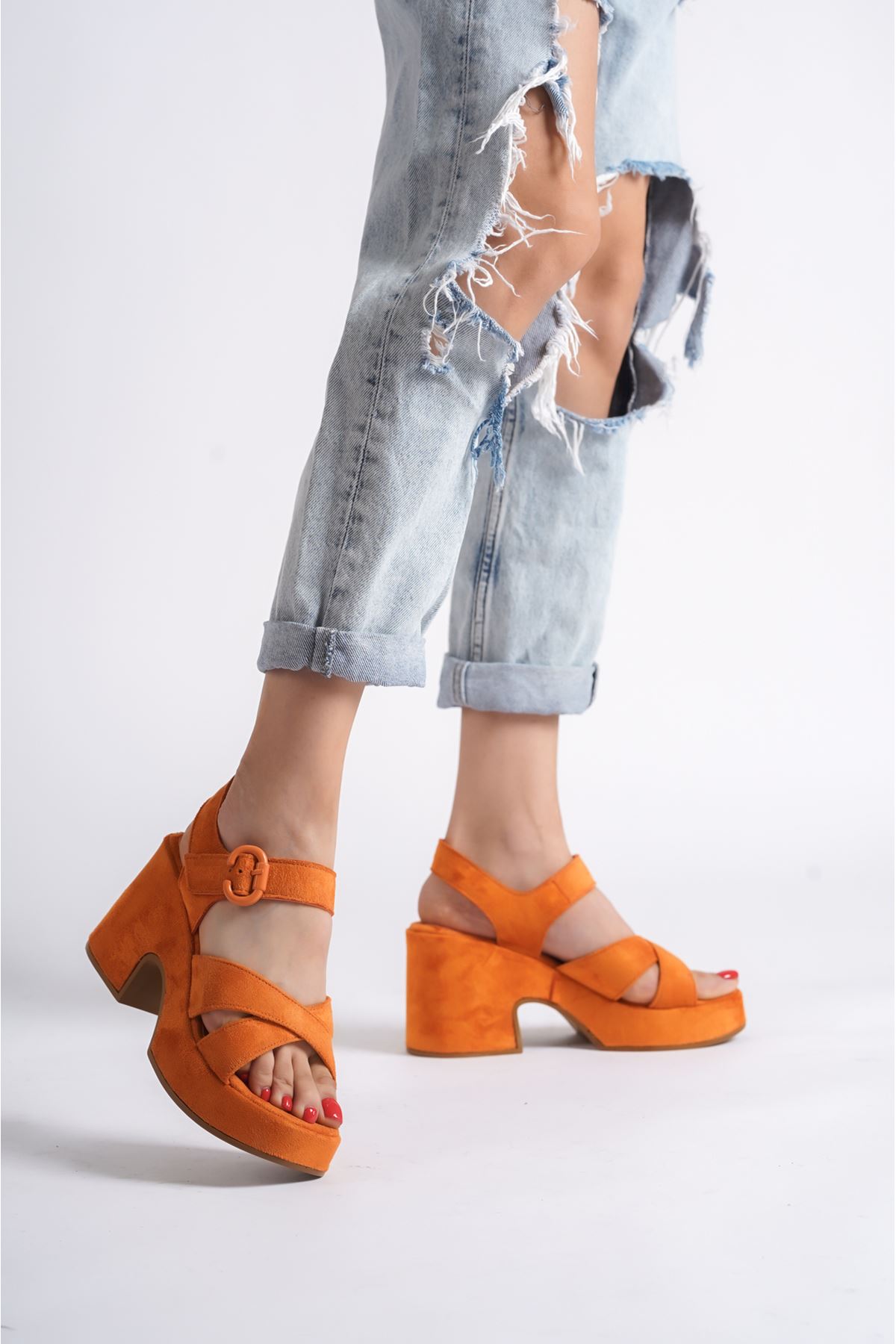 Leonore Oranj Süet Platform Topuklu Kadın Ayakkabı