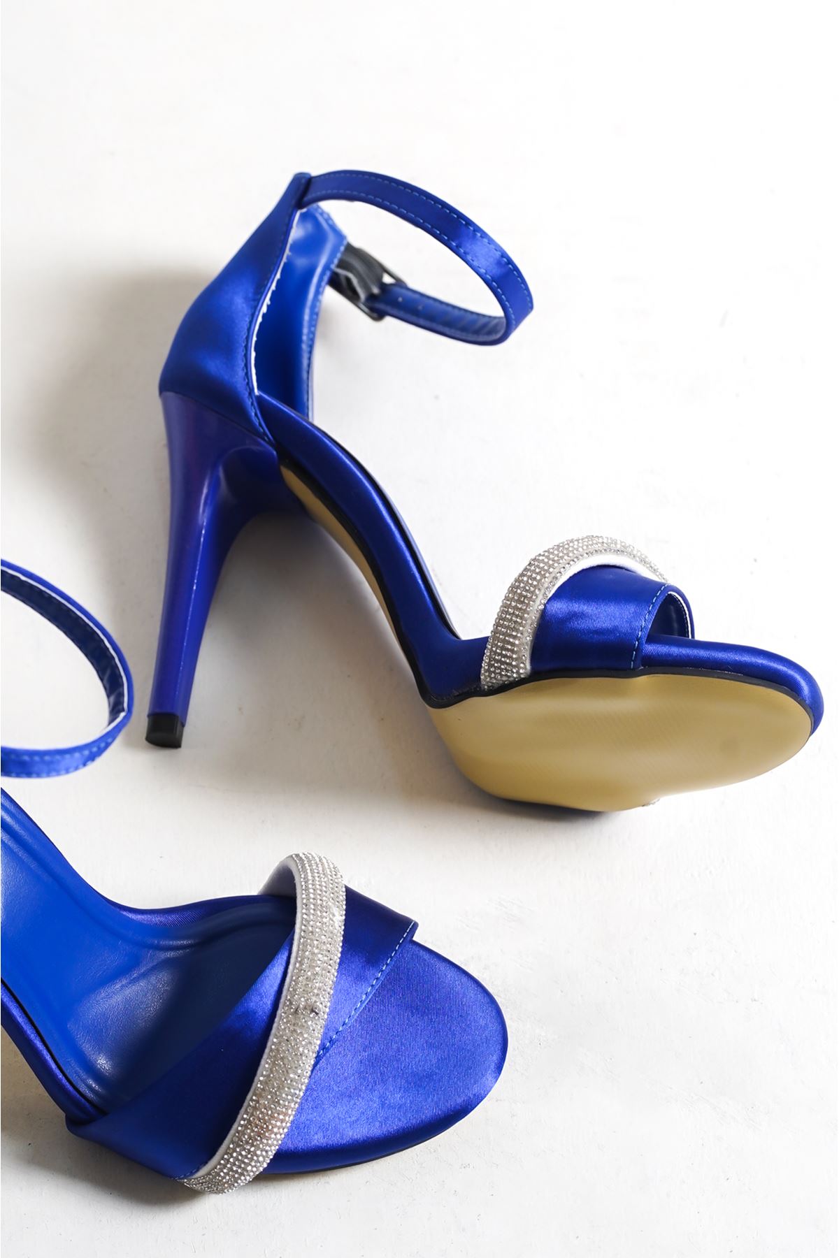 Carlos Saks Mavi Saten Taşlı Yüksek Topuklu Kadın Ayakkabı