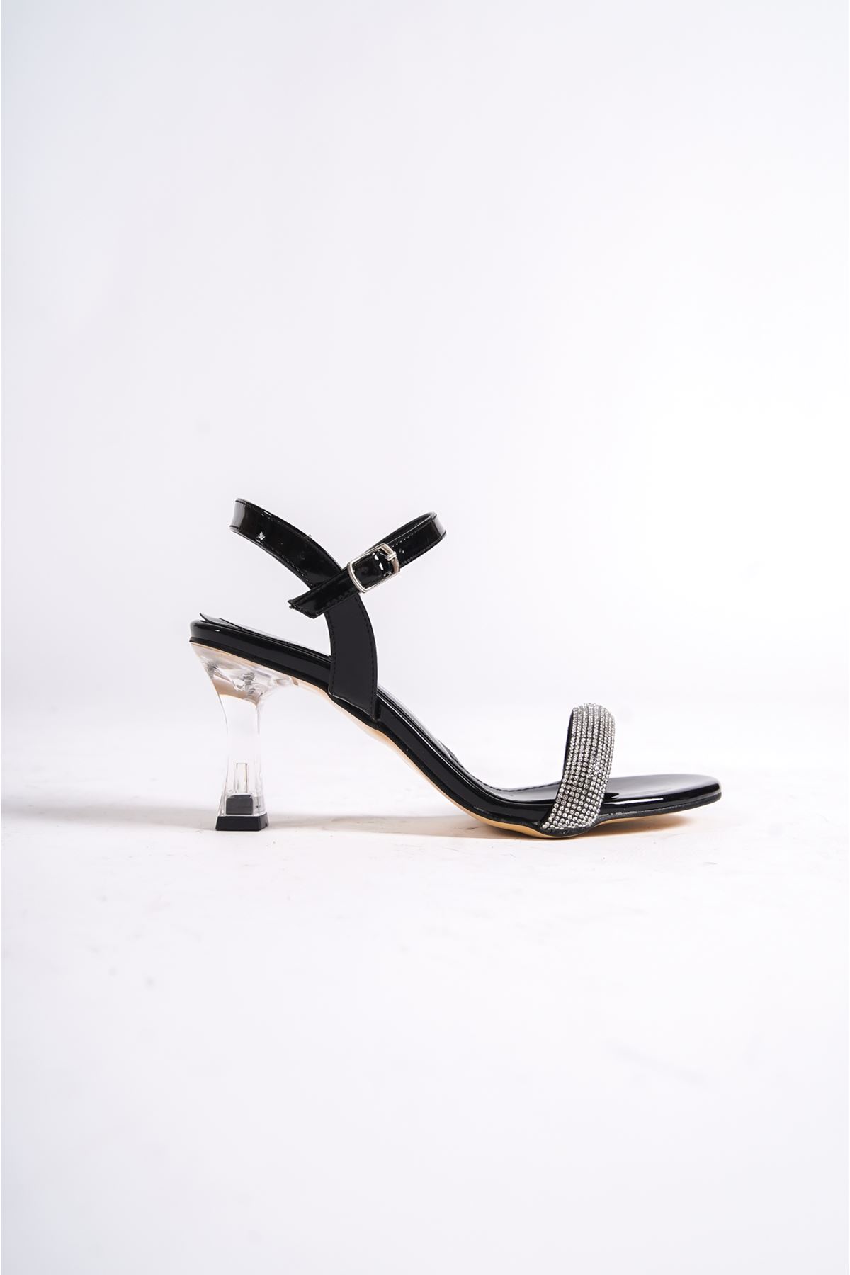 Kerman Siyah Rugan Taşlı  Şeffaf Topuklu Kadın Ayakkabı