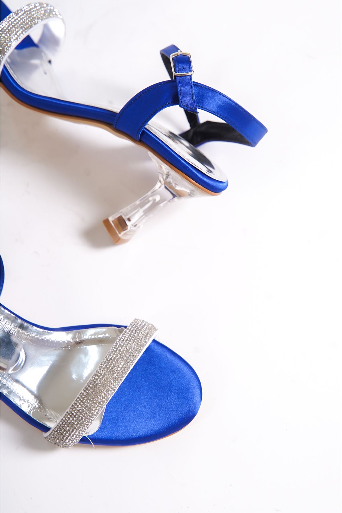 Kerman Mavi Saten Taşlı  Şeffaf Topuklu Kadın Ayakkabı