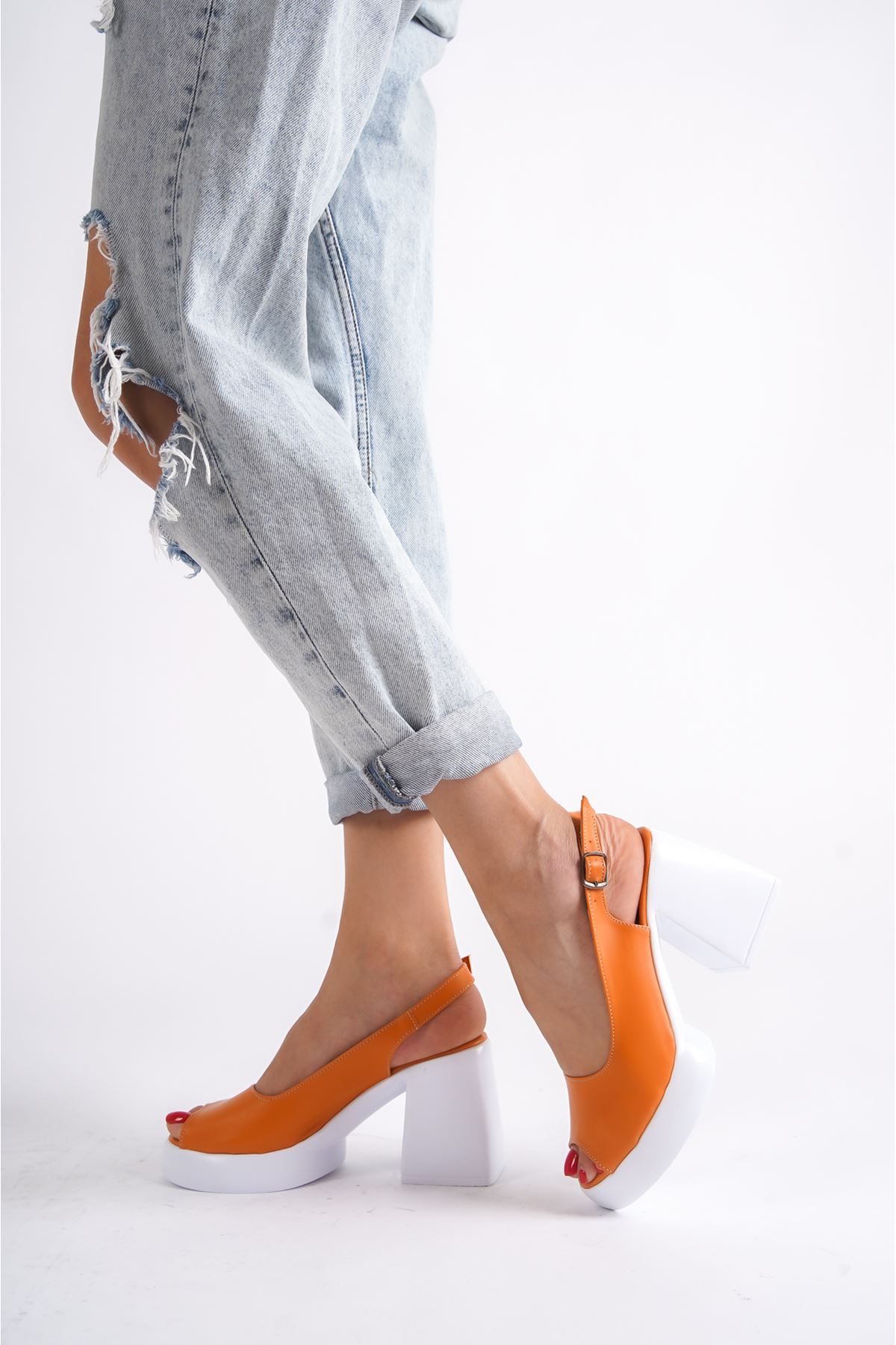 Cera Oranj Mat Deri Plartfom Topuklu Kadın Ayakkabı 