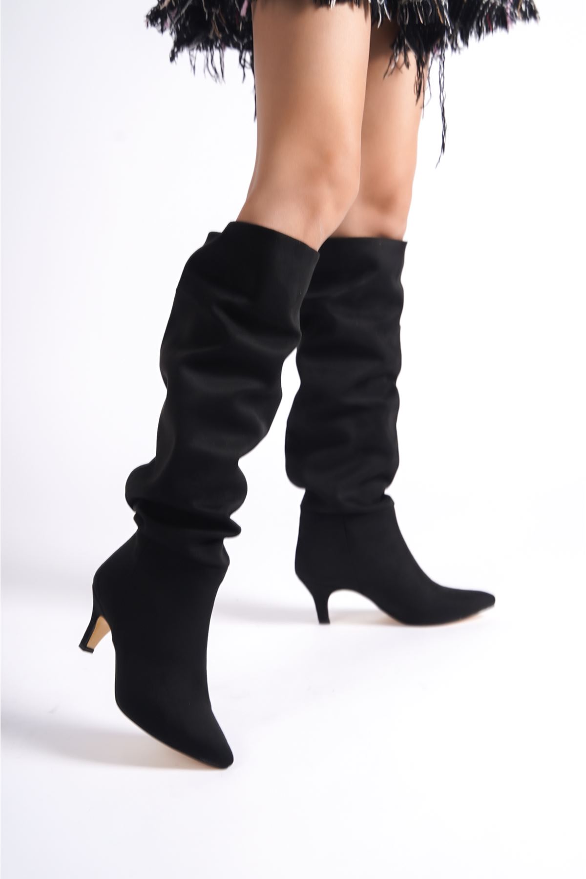Marli Siyah Süet Kadın Topuklu Çizme