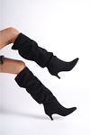 Marli Siyah Süet Kadın Topuklu Çizme